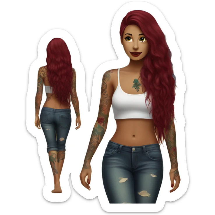 Beautiful tattooed  burgundy long haired woman walking on the beach sticker