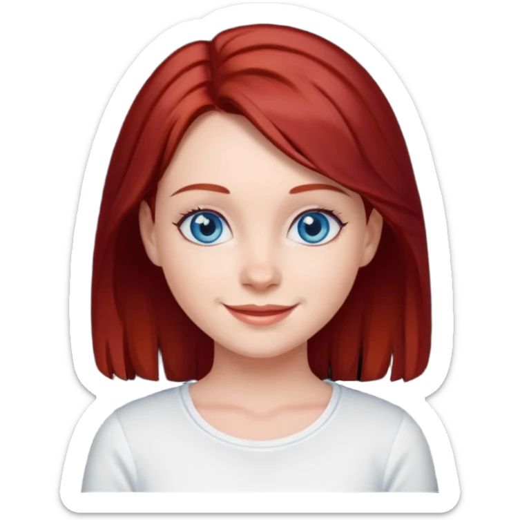 generate a young girl with dark red hair in a white top. she is supposed to have blue eyes  sticker