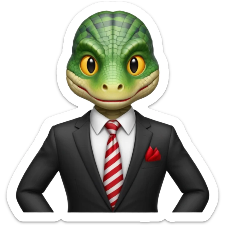 A reptilian humanoid dressing a suit, striped red and white tie, human emoji style, his face is seriously and sarcastic sticker