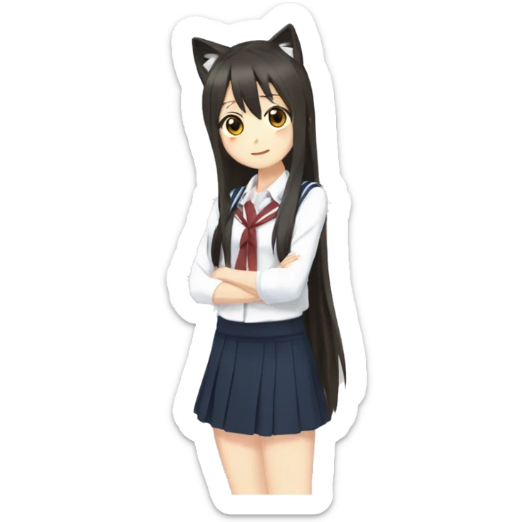 Azusa Nakano from k-on,  wear school uniform, and long straight hair, with cat ear sticker
