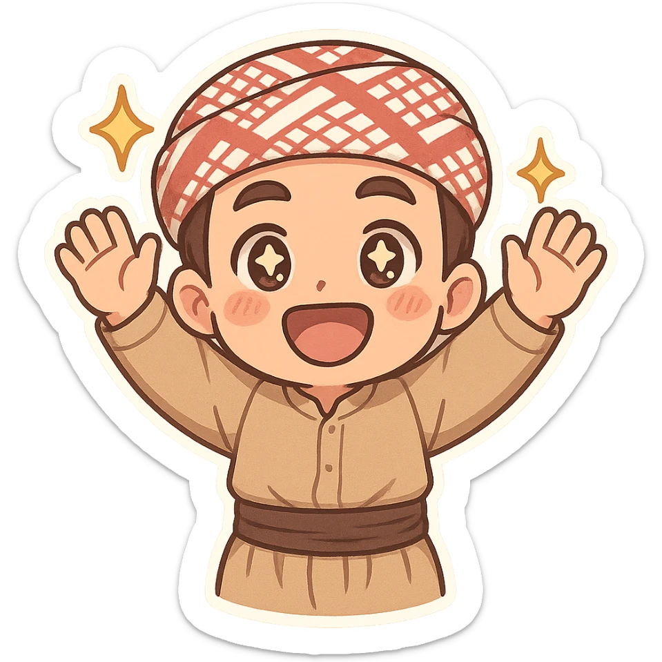 Kurdish sticker, feeling lucky, cartoon style, Kurdish person in jamadani, hands raised, sparkling eyes, joyful, no text sticker