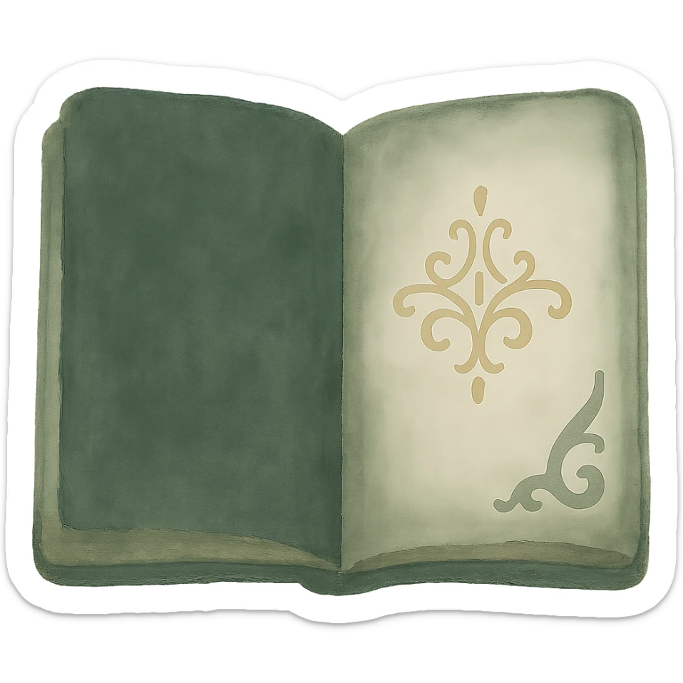 Change the cover of this open antique book to a dark green color, maintaining the dreamy painterly watercolor style with visible brushstrokes, on a transparent background. sticker