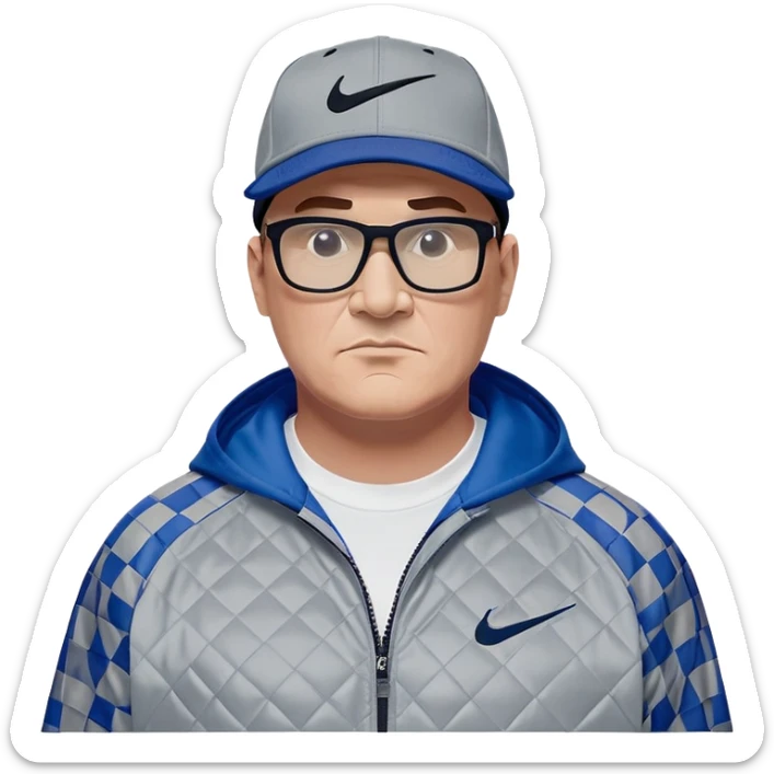 50-year-old heavyset man with very wide face and prominent square jawline wearing a black Nike baseball cap with visible Nike swoosh logo. Large dark square glasses. Serious-relaxed expression. Light gray jacket that fits his larger frame, white shirt with blue checkered pattern. sticker