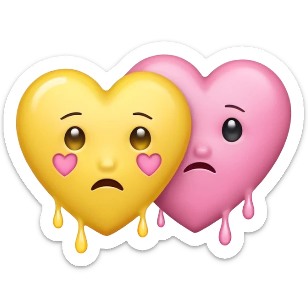 pink heart and yellow heart together, yellow heart has tears sticker