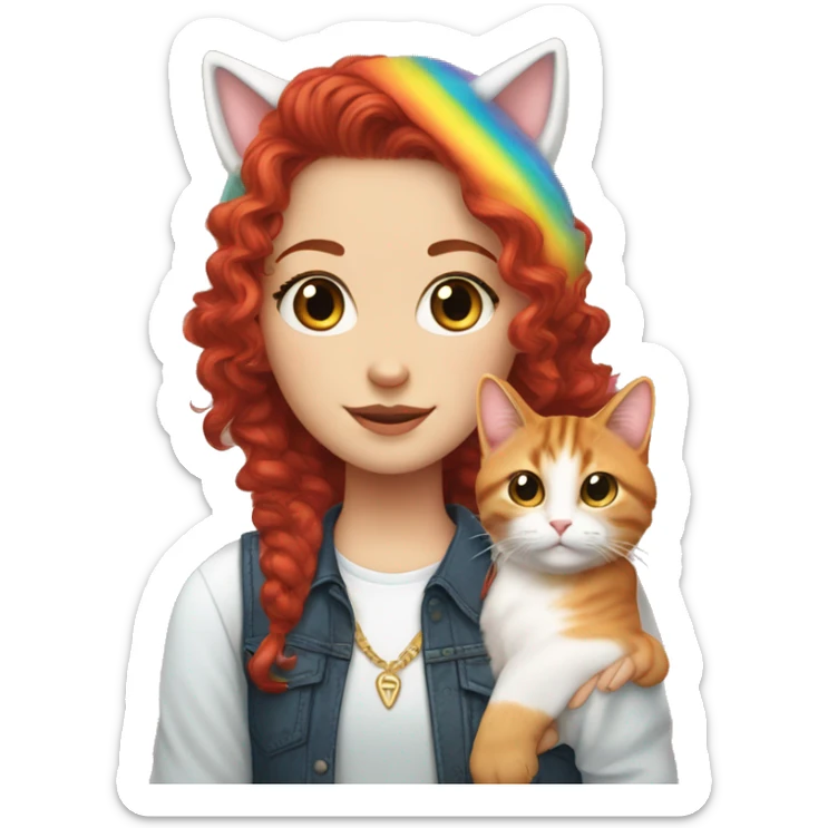 a white girl with long red curly hair in a pony tail with rainbow shirt does peace sign wearing cat ears one black other white sticker