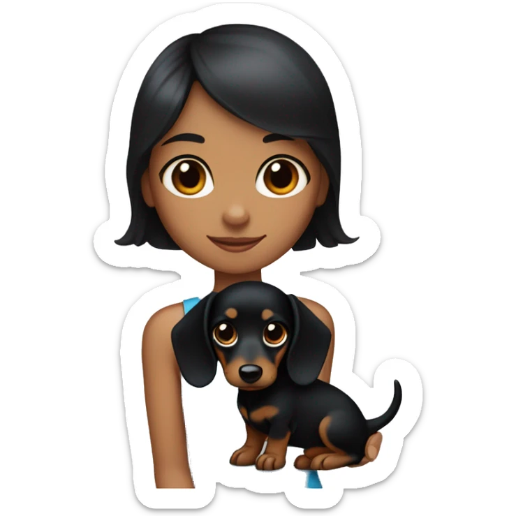 A black haired girl with blue eyes and a black and tan dachshund in her hand sticker
