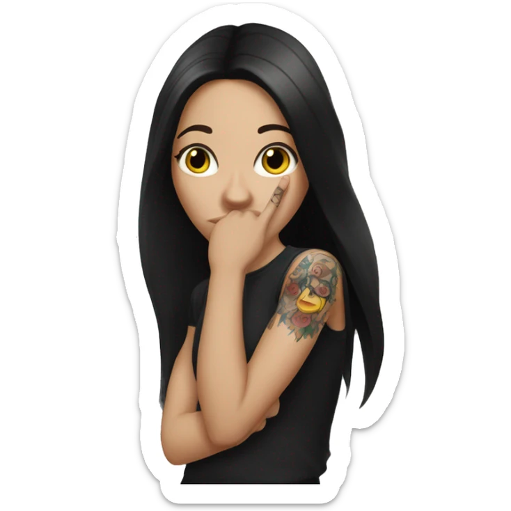 A white girl with dark long hair covers her mouth with her hand on her tattooed arm  sticker