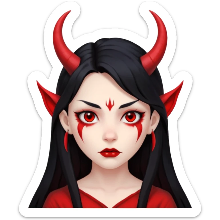 Head only: demon girl, 100% red skin, long black hair, small horns, sharp cheekbones, serious eyes, full lips, pointed ear; centered, no body, no text. sticker