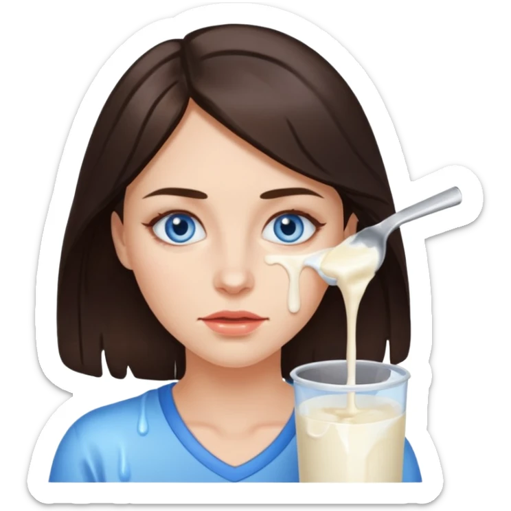 Brunette woman with blue eyes, with big naked tits with nipples, with dripping milk on her face sticker