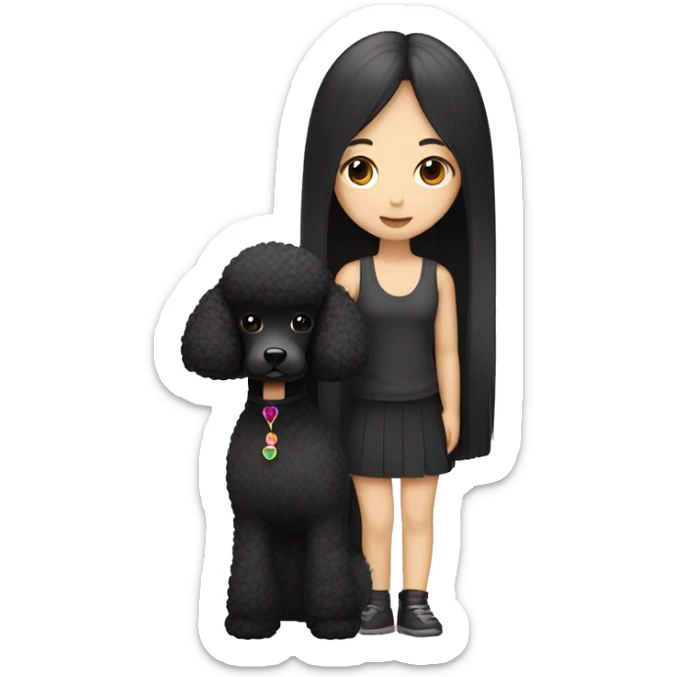One Korean girl with black long straight hair with one black poodle sticker