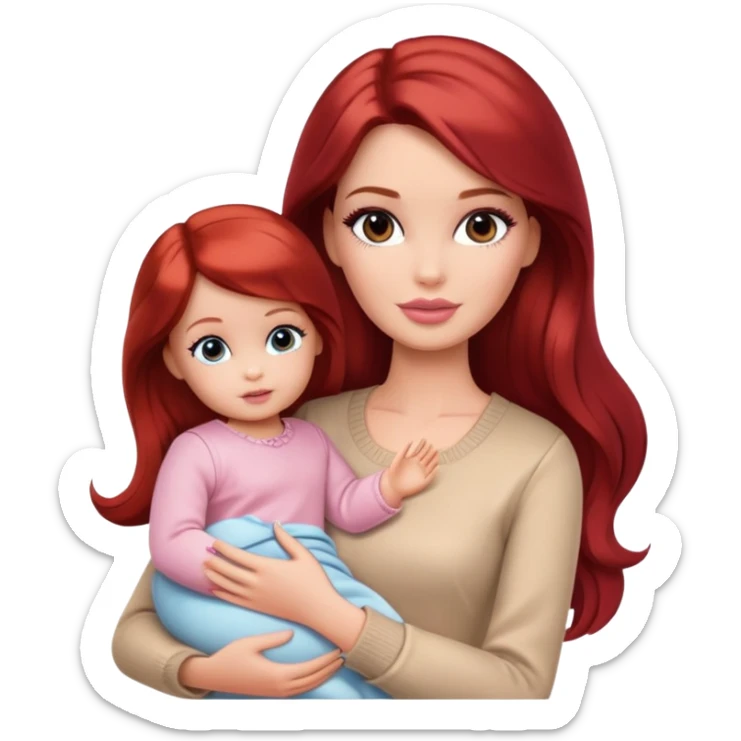 A barbie girl with makeup with dark brown hair long with a baby, a daughter, a girl with red hair, holding her hand in beige clothes sticker