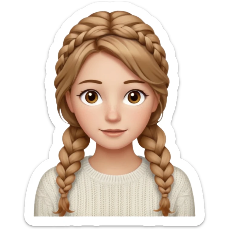 light brown hair blonde hair hazel eyes woman with a white cable knit sweater thatand one braid down her back  with tendrils of hair flowing down her face and she is happy pale, some freckles, blush. she has a cateye wing and long lashes she has eyeliner sticker