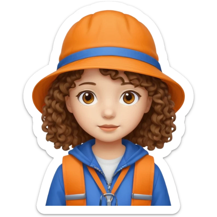 A little girl student curly brown hair, with beige bucket hat, orange jacket, blue backpack sticker