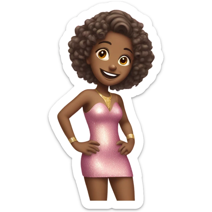 smiling girl in sparkly pink tight dress and gold heels  sticker