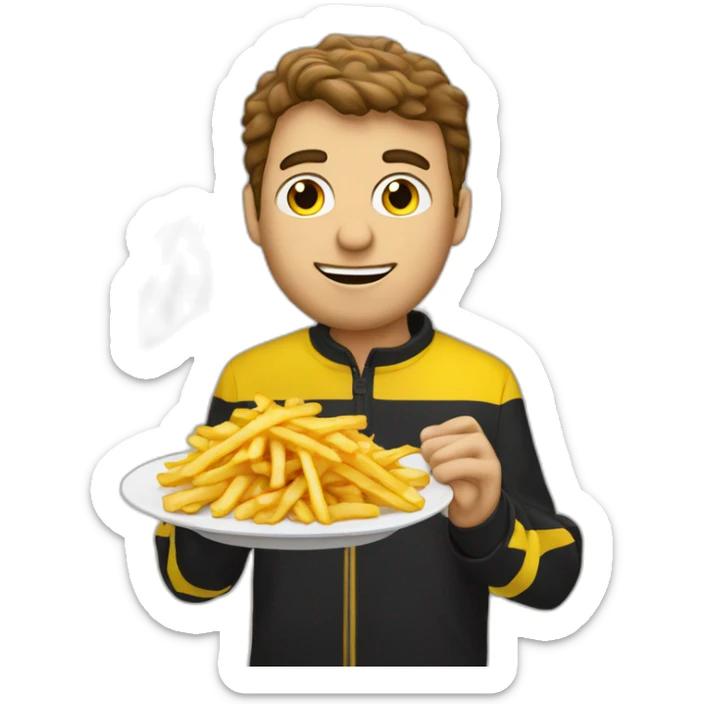 Belgian man with Belgium flag behind eating French fries and a waffle sticker