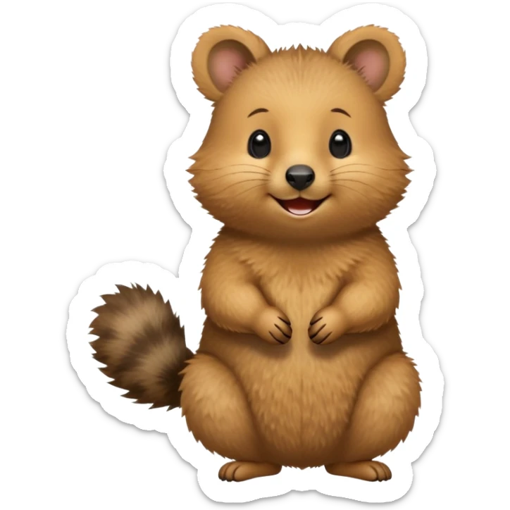 cinematic-quokka-realistic-full-body-standing on its hind legs hunched over-emoji,-small-round-frame-balanced-on-tiny-strong-hind-legs,giant fluffy cheeks large smile-fluffy-brown-fur-radiating-a-warm-softness,-big-round-eyes-filled-with-joy-and-innocence,-tiny-clawed-paws-held-close-to-chest,-cheerful-smile-exuding-endearing-happiness,-simplified-yet-realistic-focused-features,-highly-detailed,-glowing-with-a-sunny-warmth sticker