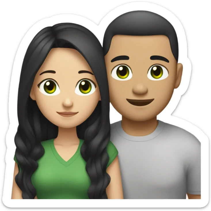 Light skin vietnamese man with straight black undercut hair and a white brunette woman with green eyes and long wavy hair tightly hugging each other  sticker