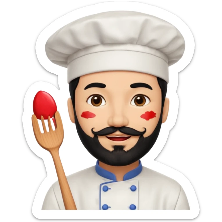CHEF CON PELO NEGRO Y BARBA NEGRA, OJOS MARRON OSCURO. SONRIE Y TIENE MARCAS DE BESOS CON PINTALABIOS sticker