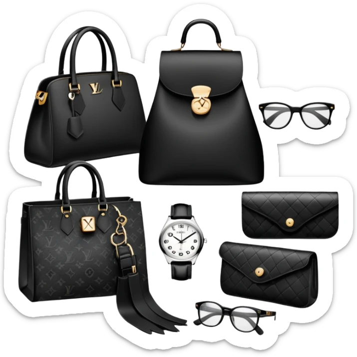 bags and watches, and glasses, all black and white put together like a bundle with no face, all luxury items like lv sticker