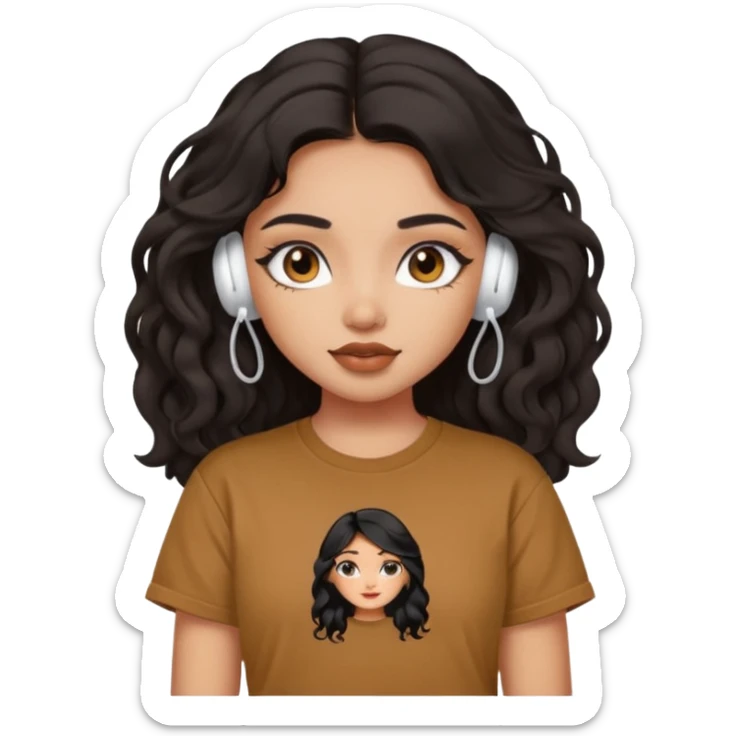 a pretty FAIR indian bratz girl with wavy long black hair, wearing an oversized brown tshirt,wearing airpods, eyeliner on sticker