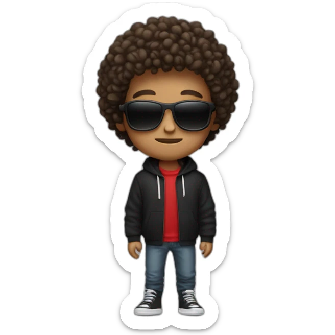 Square-jawed boy with curly hair and a degrade, wearing black sunglasses and a red hoodie. sticker