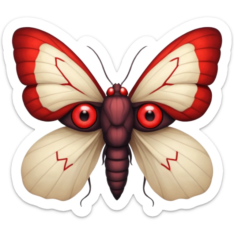 Create a scary emoji of the mothman with bright red eyes and as depicted in the legend. Make it less bird like and more Moth / Human hybrid sticker
