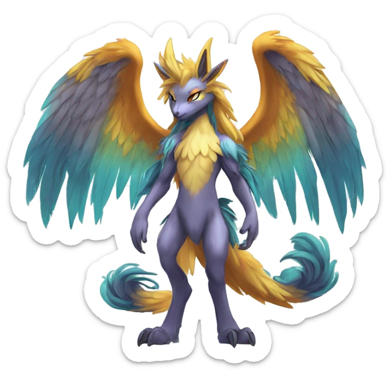 Anthro Sona Cool Edgy Cute Legendary Colorful Shy Winged Shiny Fakemon-Fantasy-Creature With Long Hair-Mane Full Body Detailed High Quality sticker