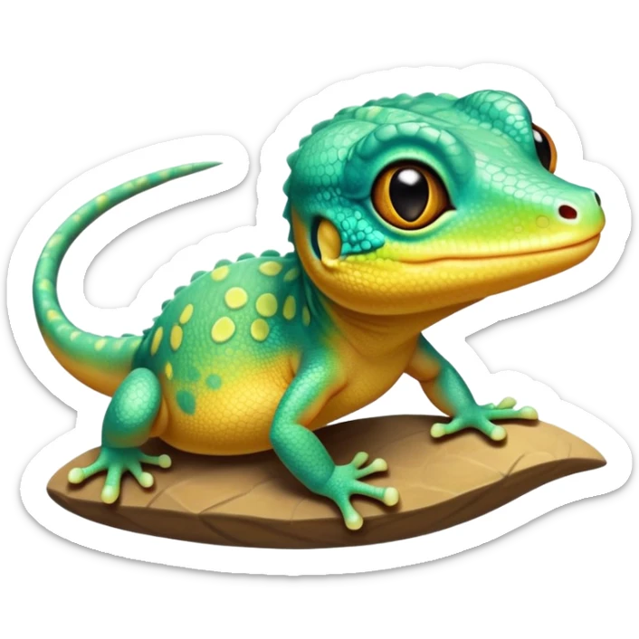 cinematic-cute-realistic gecko-portrait-emoji,-head-tilted-playfully-and-inquisitively,-featuring-a-small,-charming-body-with-smooth,-vividly-patterned-scales,-bright,-sparkling-eyes-and-delicate,-sticky-toe-pads,-simplified-yet-irresistibly-adorable sticker