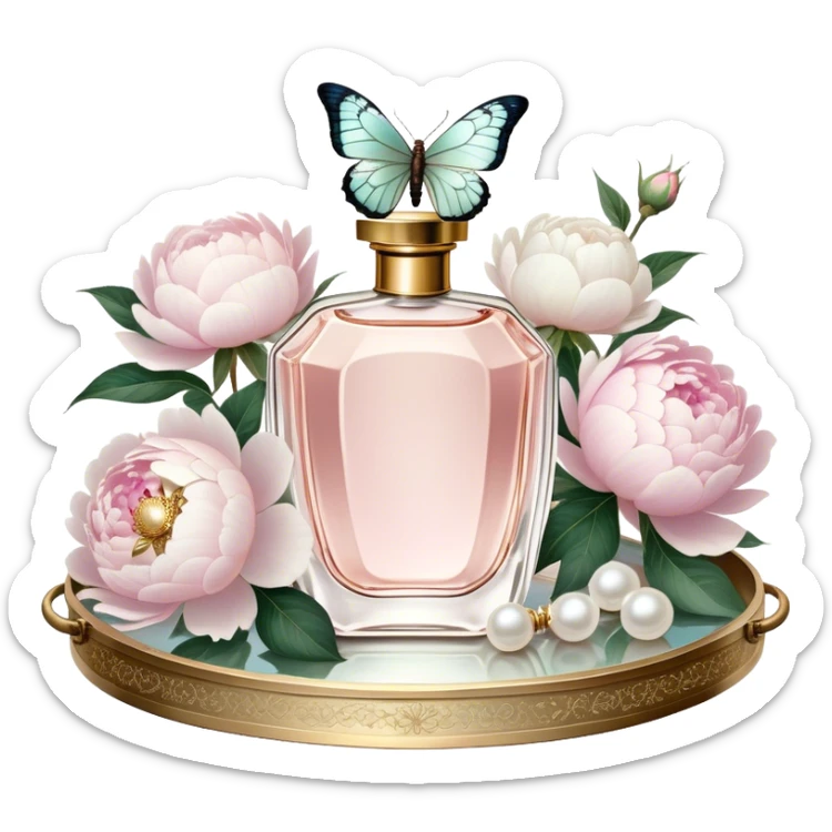 A dreamy still life of a vintage perfume bottle collection with golden embellishments, set on an antique silver tray, surrounded by lush white peonies and soft pink roses, with an iridescent pearl butterfly perched on a golden stopper.
 sticker