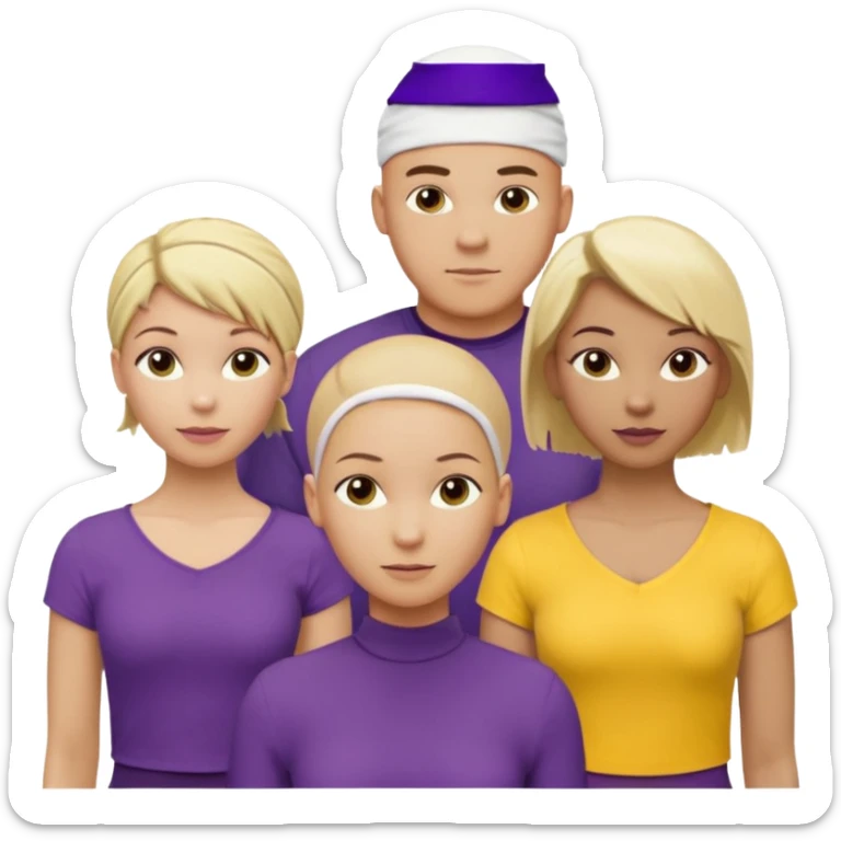 5 person team; 2 men and 3 women.  All dressed in yellow or purple.  1 caucasian woman with blonde mid length hair. 1 caucasian woman with blonde short length hair. 1 caucasian woman has ash blonde hair tied up. 1 man is African-american and bald, 1 man is caucasian and very little hair left.  
 sticker