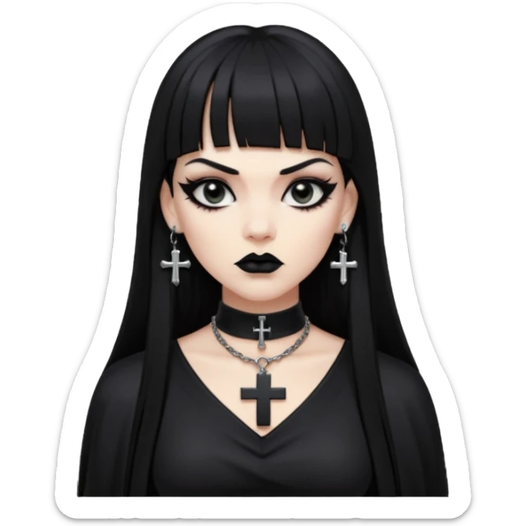 vampira parda com cabelo preto longo e liso e franja, olhos pretos, brincos em formato de cruz, choker em formato de cruz, roupa preta com decote nos seios, batom preto e séria sticker