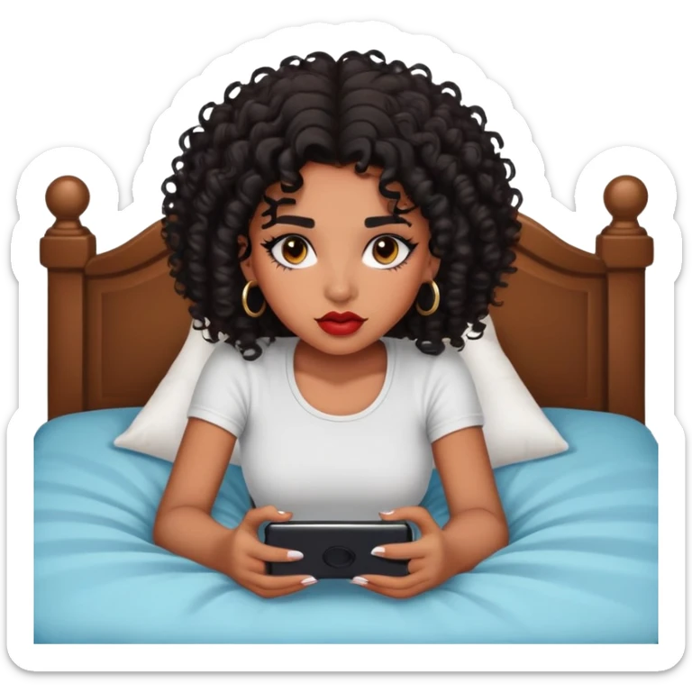 Brown-skinned teenage girl with curly black hair lying on bed looking at phone, heavy makeup, big lips, crop top, choni style sticker