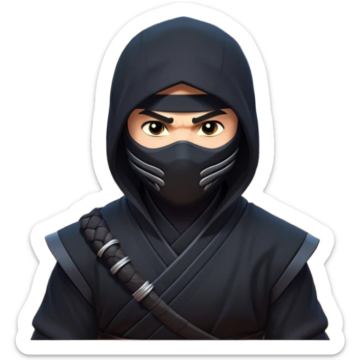 clash-of-clans-aesthetic_-cinematic-mysterious-male-ninja-portrait-emoji, rendered in a flat, vector-style with minimal shading and bold, simplified shapes, with a head slightly turned revealing intense, focused eyes, perched crouched next to an agile trained panther with glossy fur moving silently through shadowed urban rooftops and moonlit alleyways. sticker