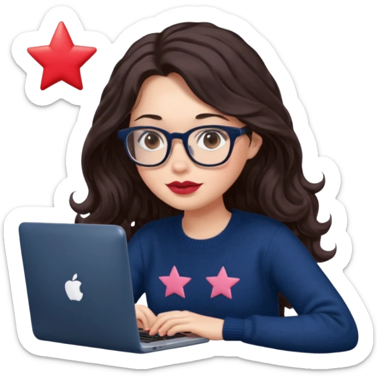 a white young woman with very long wavy dark brown/chocolate hair typing in a computer. she's using glasses, her lips are light red and her cheeks slightly pink. Her eyes are dark brown. She's using a dark blue knit sweater that has a tiny star in the middle   sticker
