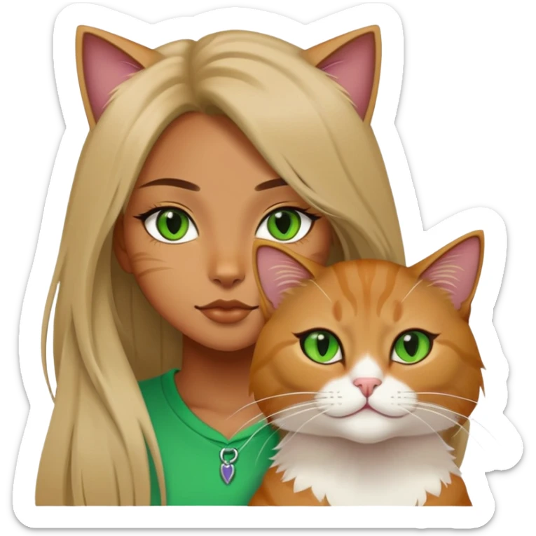 a cool girl and a long hair jinjila cat, cat’s eyes are green sticker