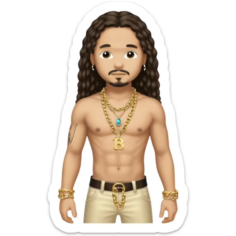 Bizzy Bone with long dark brown hair, light tan skin, shirtless with necklace, metallic cream pants sticker