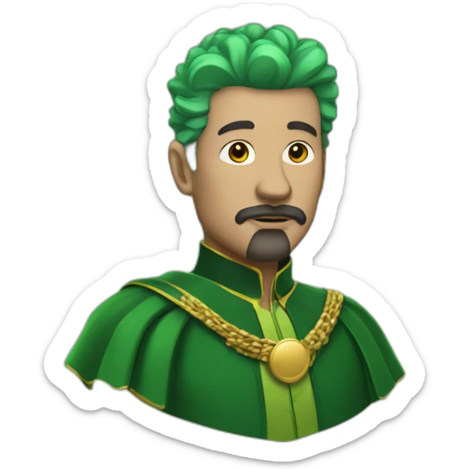man with green hair green suit and large green top with gold strip hat goatee green cape sticker
