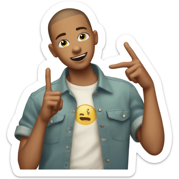 Gay boy with buzz cut and crop shirt on throwing up peace signs with his hands sticker