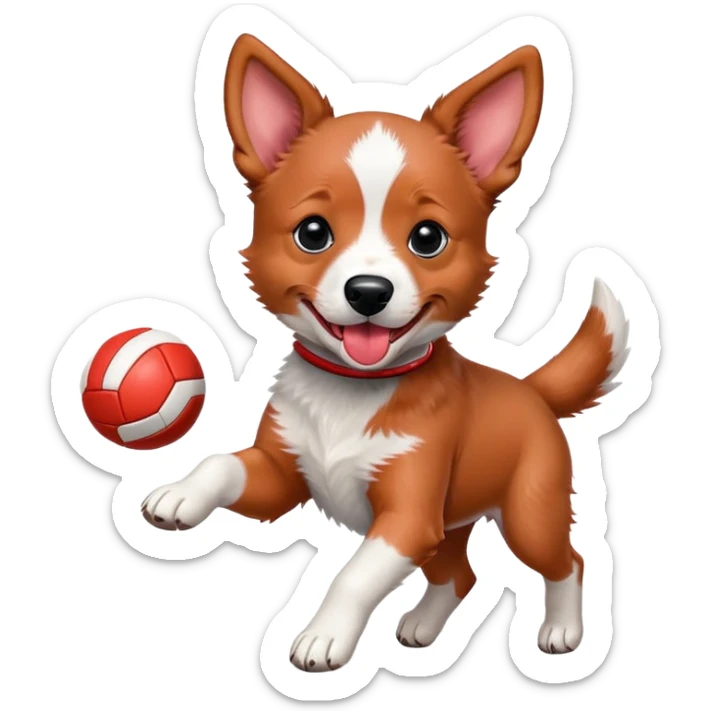 Playful red heeler puppy with tongue out, running with a ball sticker
