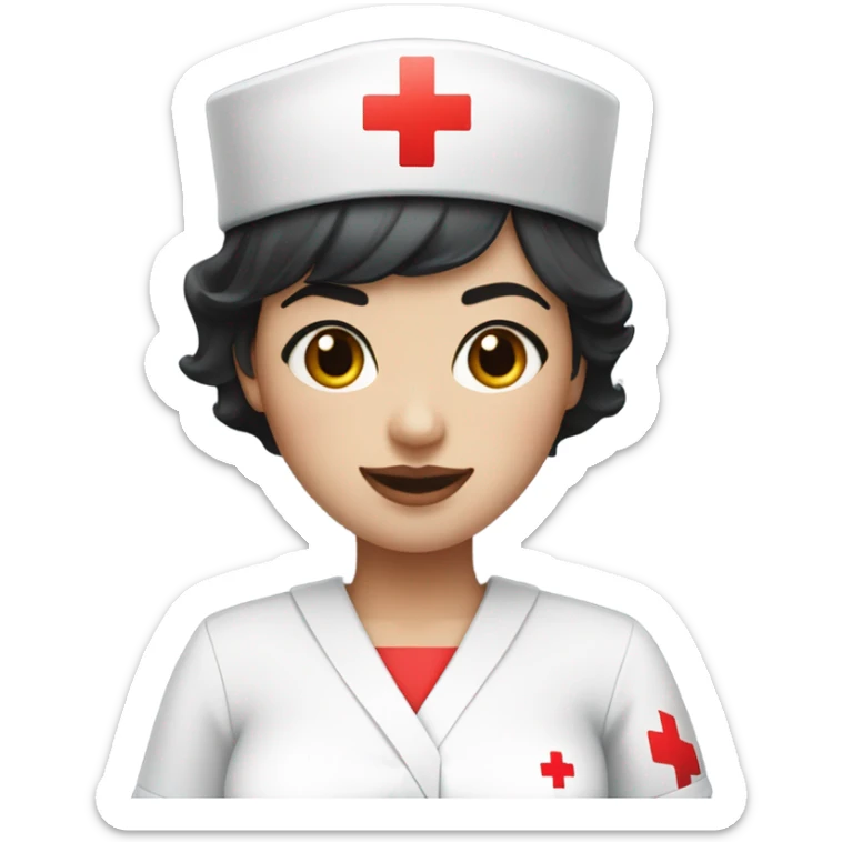 pixie cut black straight hair female nurse with red cross sign hat wearing dress
pale skin color sticker