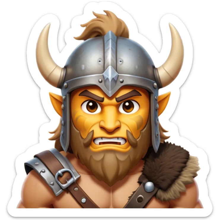 Clash of Clans aesthetic: Cinematic Fierce Barbarian Portrait Emoji, Poised and bold with a rugged yet cartoonish build in tattered furs and a horned helmet, his exposed skin a rich tan, expressive bright eyes and a confident smirk, Simplified yet dynamic features, highly detailed, glowing with a vivid, adventurous aura, high shine, heroic and spirited, stylized with an air of medieval warrior charm, focused and energetic, soft glowing outline, capturing the essence of a fearless barbarian adventurer ready to lead his clan with spirited valor! sticker