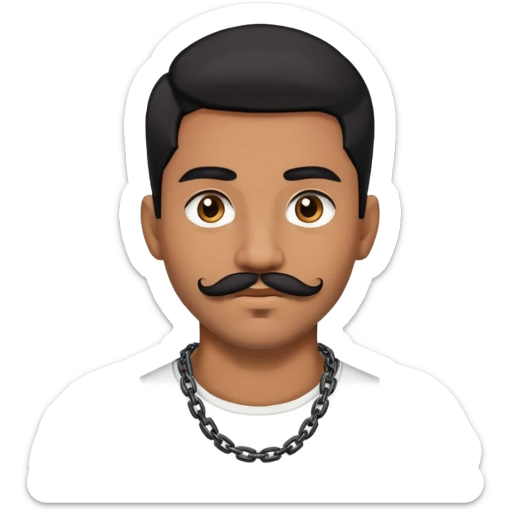 young man with mustache and chin beard, brown skin and black hair. sidepart haircut wears chains sticker