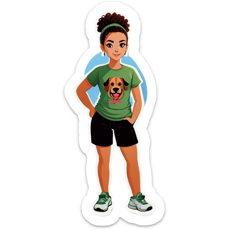 Girl with a burnette curly bun and a sage green T-shirt with a big dog sticker
