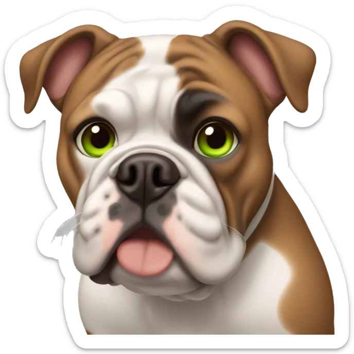 brown haired girl with green eyes with English bulldog sticker