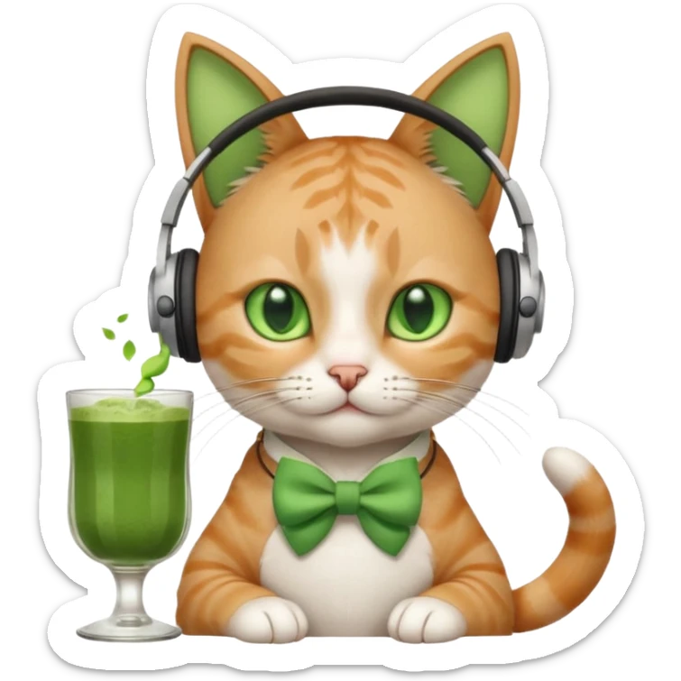 A cat wearing headphones with a glass of matcha, a bow on his ear sticker