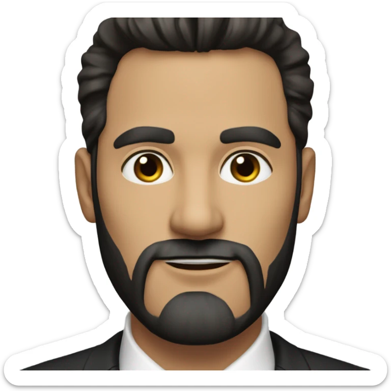A man in late 30s with dark brown hair and dark brown eyes and a black suit and straight hair to the right and beard sticker