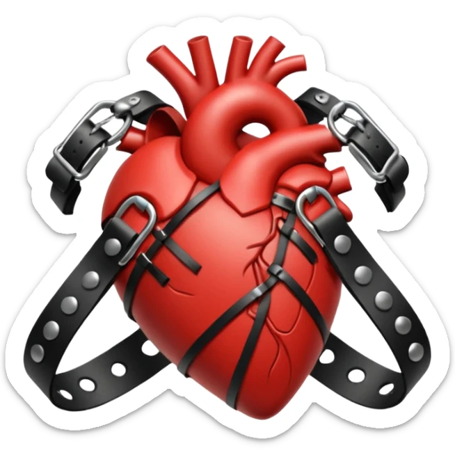 Human heart wrapped in tight leather straps, metal buckles, fetish gothic aesthetic sticker