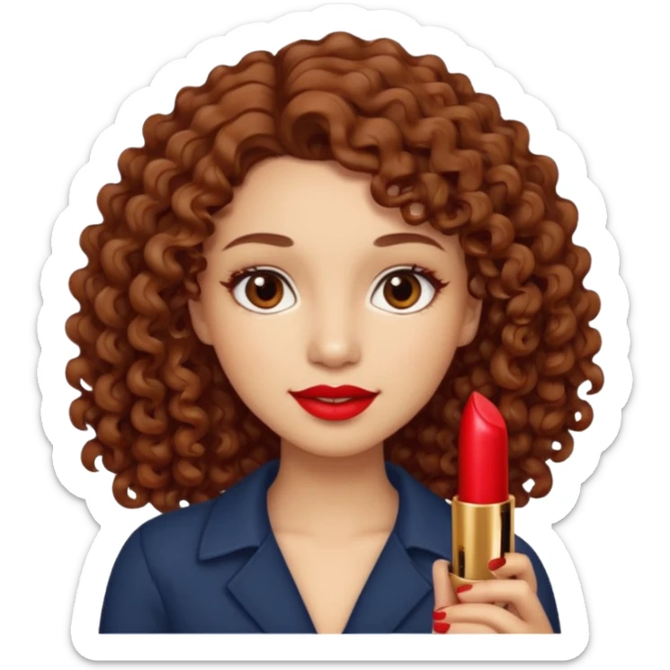 Ojos café claro, piel clara, cabello largo rizado color castaño sosteniendo un labial rojo sticker
