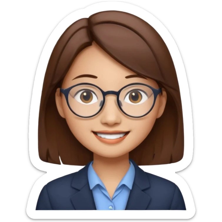 asian female accountant with eyeglasses, round face, brown hair, no tie sticker