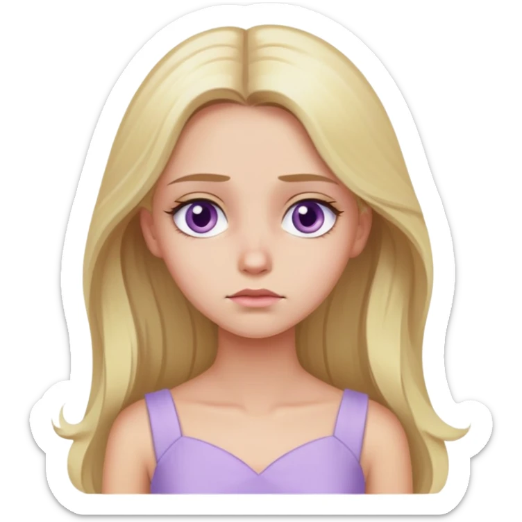 sad face blonde model, hazel eyes, sleek long hair, pastel purple dress sticker